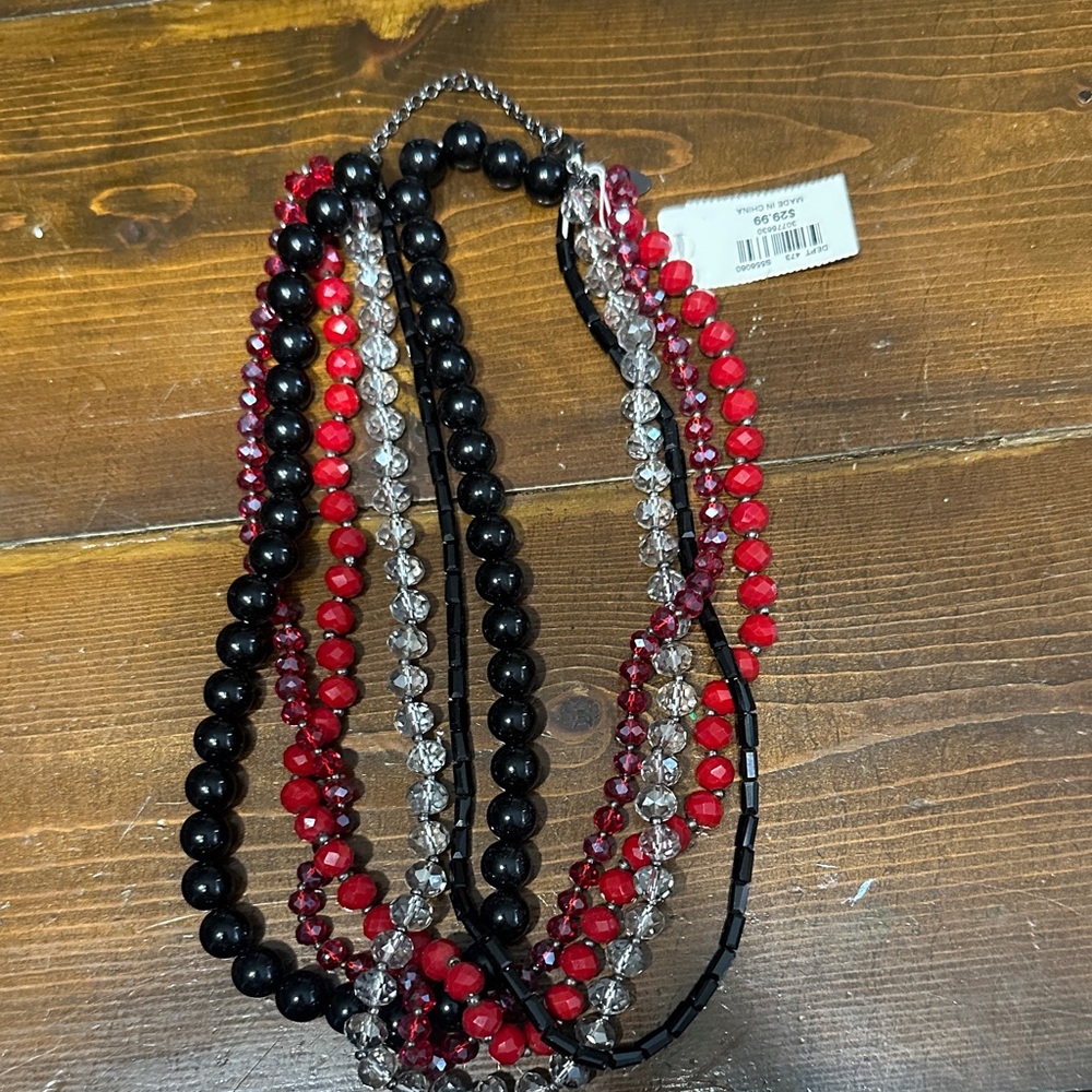LOFT Red, Black & Clear Multi-Strand Beaded Necklace